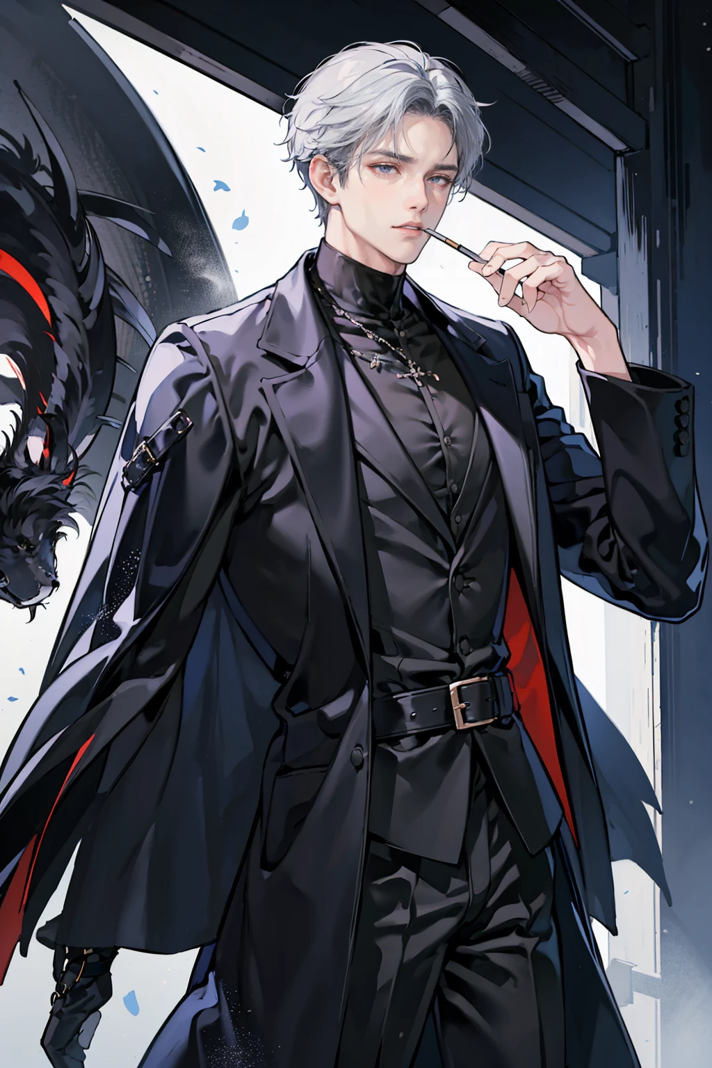 (masterpiece), best quality, seductive eyes, mature face, handsome man, jet black eyes, black wolfcut, black turtleneck, black pants, black coat, broad shoulders, anime cover, 1boy, masculine, smoking,