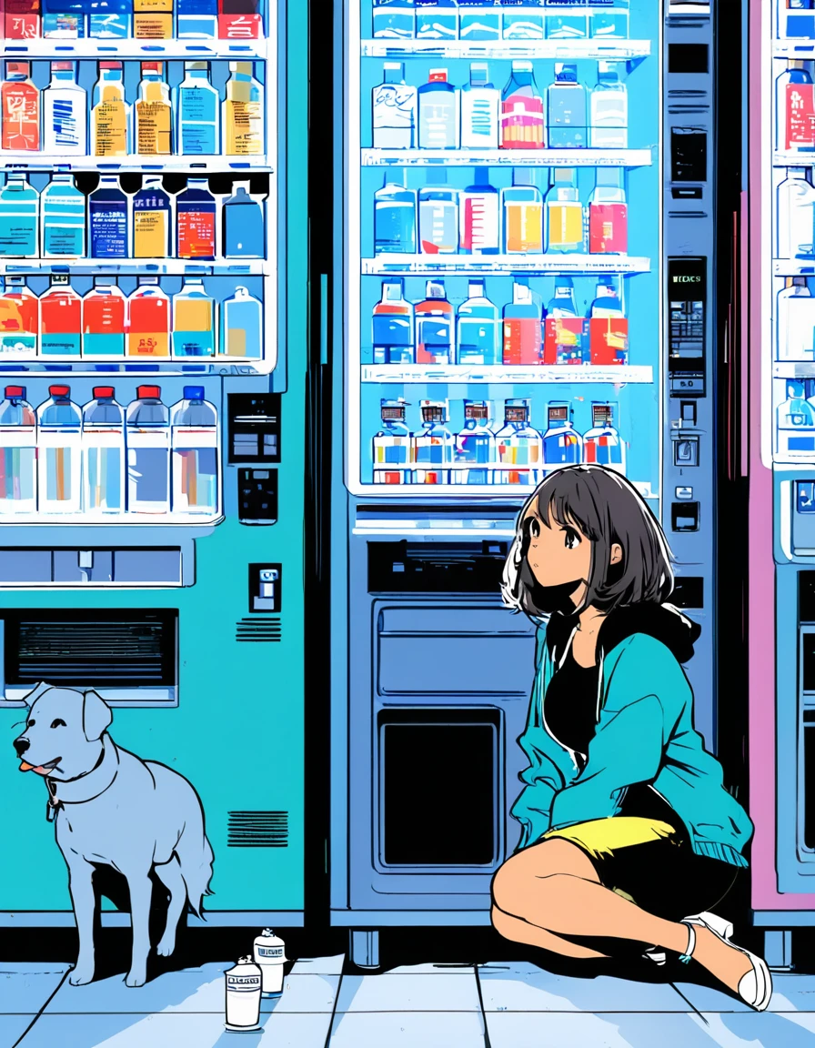 extremely clear 8K wallpaper, pop art, extremely beautiful scenery:1.3, absurdres, masterpiece, pixiv contest winner, by Posuka Demizu, Banksi style of girl with white spray paint, She is leaning against a vending machine, a dog is sitting and looking at her., midnight, blend of 3D photography and 2D line art, nostalgic atmosphere.