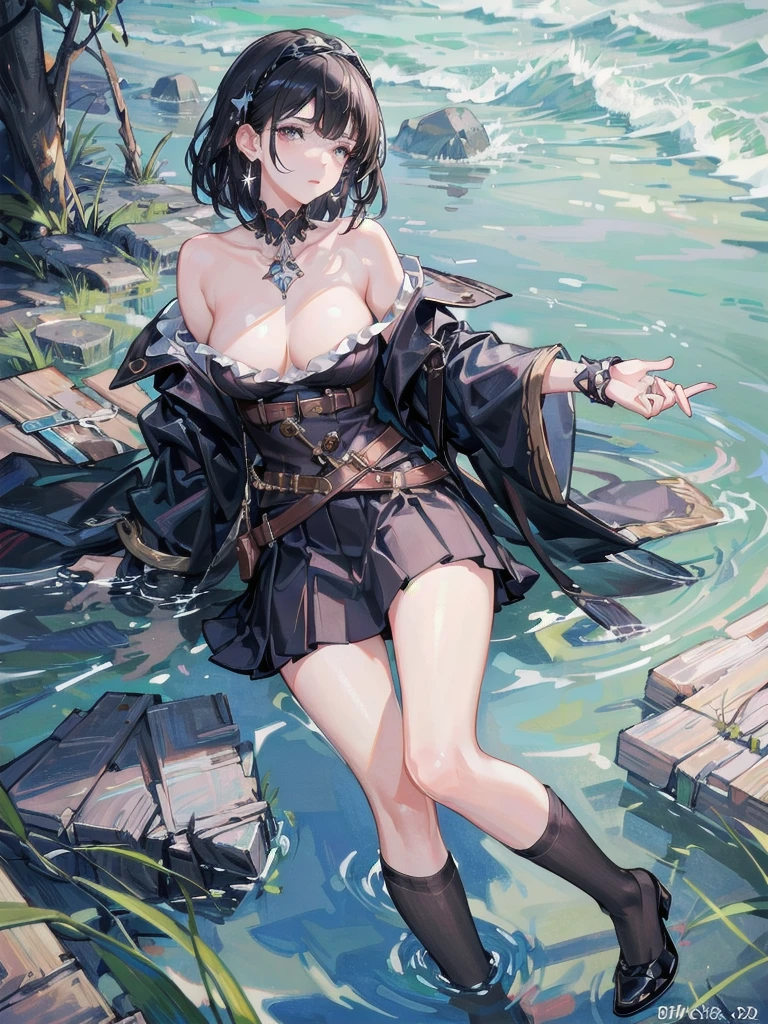 absurdres, RAW photo, extremely delicate and beautiful, masterpiece, Best Quality, ultra high resolution, 32k, hyperrealistic, ultra-detailed, delicate facial features, beautiful detailed woman, tearful mole, earring, medium breasts, full body shot, medium hair, black hair, Legendary Pirate, blouse, short skirt, off shoulder, Eroded Coastline,