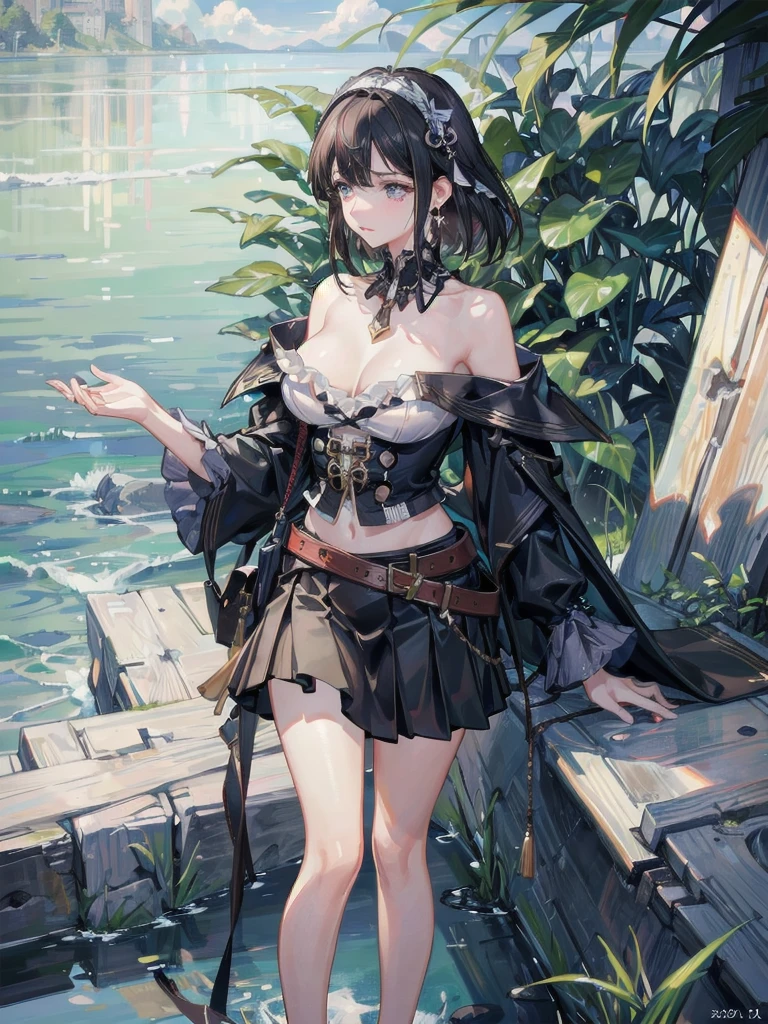 absurdres, RAW photo, extremely delicate and beautiful, masterpiece, Best Quality, ultra high resolution, 32k, hyperrealistic, ultra-detailed, delicate facial features, beautiful detailed woman, tearful mole, earring, medium breasts, full body shot, medium hair, black hair, Legendary Pirate, blouse, short skirt, off shoulder, Eroded Coastline,