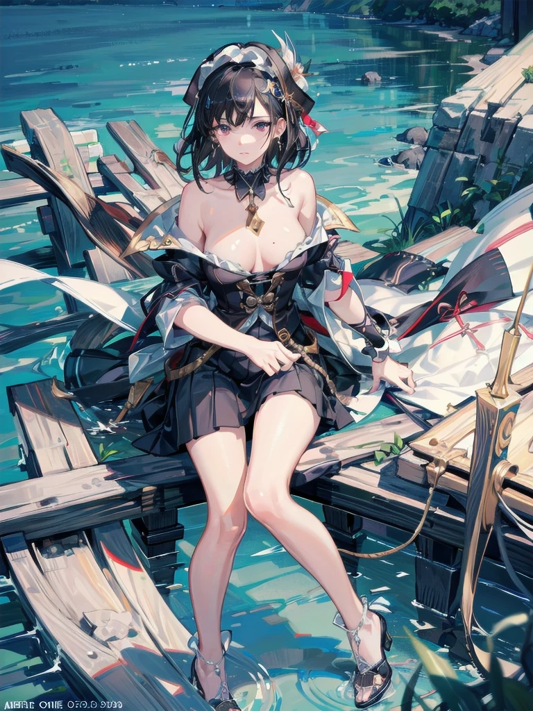 absurdres, RAW photo, extremely delicate and beautiful, masterpiece, Best Quality, ultra high resolution, 32k, hyperrealistic, ultra-detailed, delicate facial features, beautiful detailed woman, tearful mole, earring, medium breasts, full body shot, medium hair, black hair, Legendary Pirate, blouse, short skirt, off shoulder, Eroded Coastline,