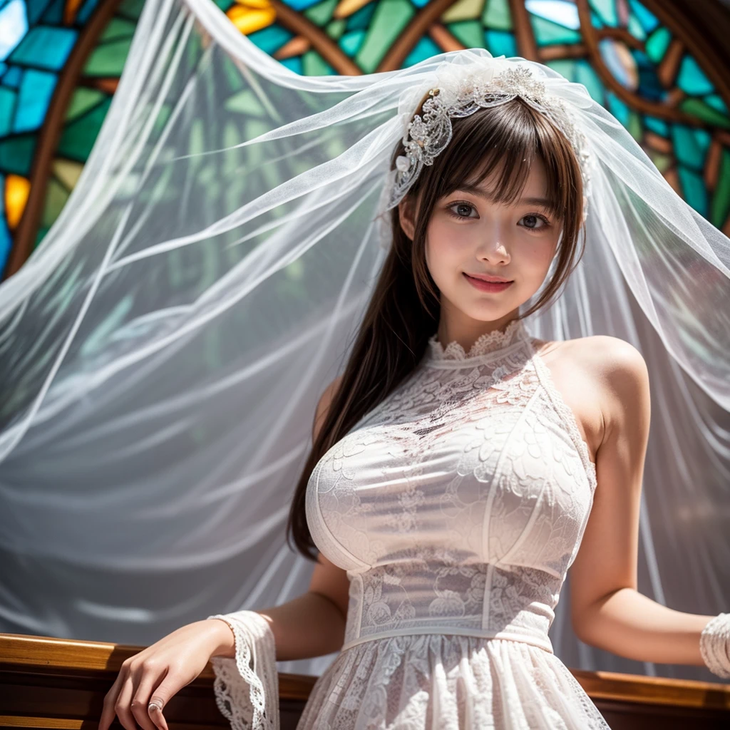 (CeilingShot from Below:1.28), White and Blood Red, (Masterpiece 8K TopQuality:1.2) (ProfessionalPhoto:1.37) ExtremelyDetailed (((FullBody, KAWAII girl with HUGE boobs:1.37)) in (WHITE Lace Wedding MiniDress:1.28)) detailed (Delicate Lace textures), (Detailed(Distant Elaborate Stainedglass Background:1.37) (Tyndall Effect) (Oodles Dazzling NeonColor Particles:1.32))  BREAK  ((ZoomLayer, BokeH))PerfectLighting, (((NOGIZAKA FaceVariations))), Extremely Detailed (very KAWAII Face), Childish CaptivatingGaze Stunning ParfectEyes ElaboratePupils with (SparklingHighlights:1.28), Radiant PearlSkin with Transparency . { (Dynamic Joyful expressions LifeLike Rendering:1.4) | (:d) }, (Acutance:0.8) . 