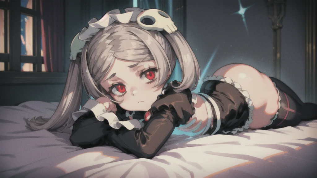 1girl, solo, indoors, skg_marie, maid, maid apron, maid headdress, twin tails, skull hair ornament, red brooch, juliet sleeves, black shoes, white thigh high stockings, light rays, glow, (masterpiece), highlight thighs, thick thighs, highlight buttocks, seductive pose, looking at the viewer, lying down, on bed