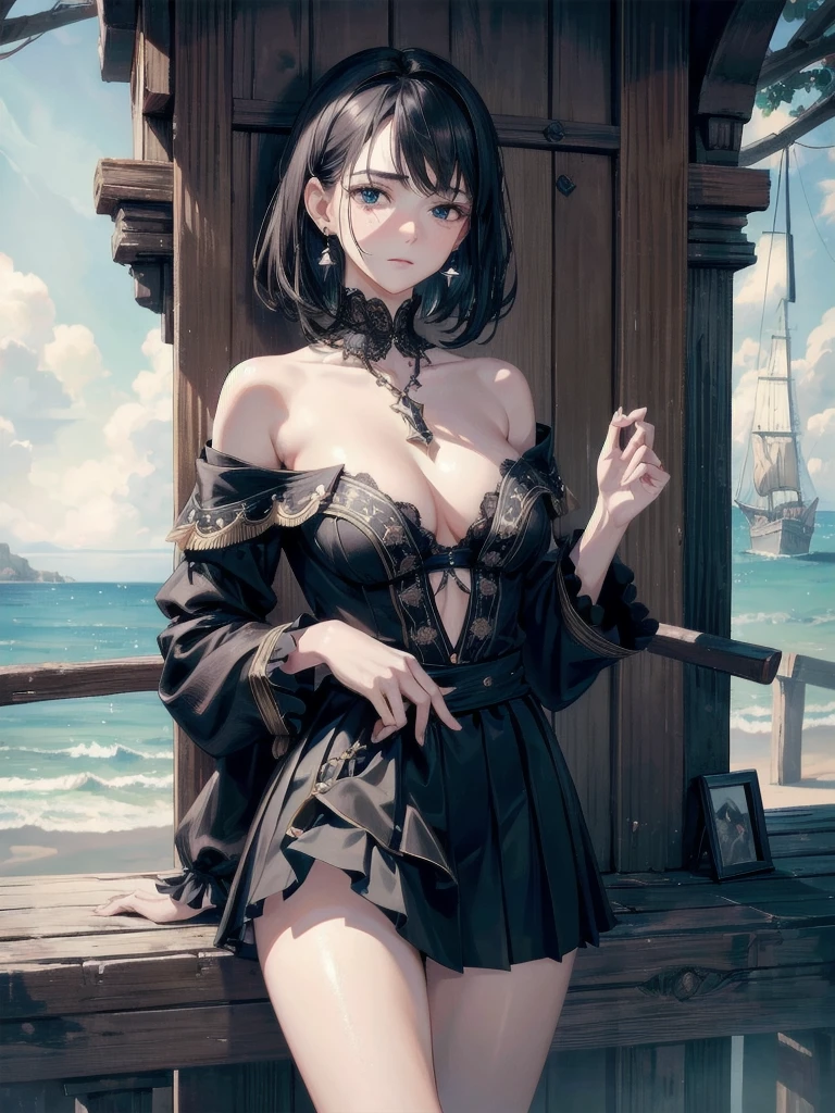 absurdres, RAW photo, extremely delicate and beautiful, masterpiece, Best Quality, ultra high resolution, 32k, hyperrealistic, ultra-detailed, delicate facial features, beautiful detailed woman, tearful mole, earring, medium breasts, full body shot, medium hair, black hair, Legendary Pirate, blouse, short skirt, off shoulder, Eroded Coastline,