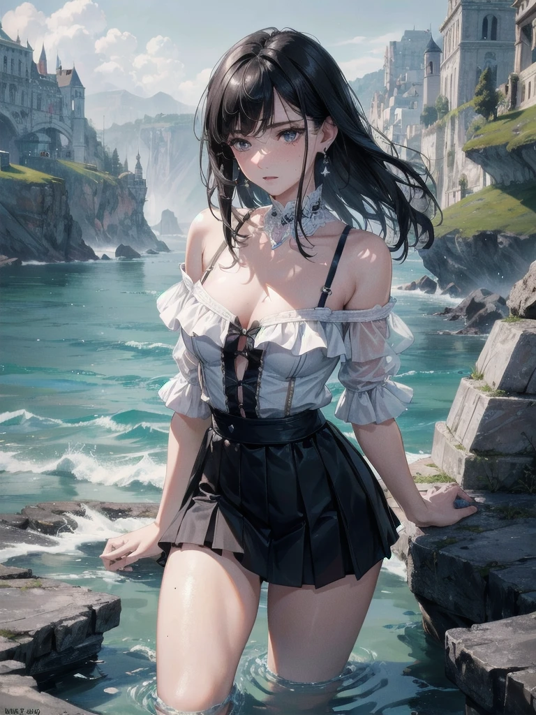absurdres, RAW photo, extremely delicate and beautiful, masterpiece, Best Quality, ultra high resolution, 32k, hyperrealistic, ultra-detailed, delicate facial features, beautiful detailed woman, tearful mole, earring, medium breasts, full body shot, medium hair, black hair, Legendary Pirate, blouse, short skirt, off shoulder, Eroded Coastline,