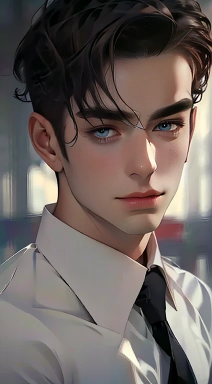 (best quality,4k,8k,highres,masterpiece:1.2),ultra-detailed,(realistic,photorealistic,photo-realistic:1.37),1 man,31 years old,mature man,very handsome,without expression,smile,short grey red hair,blue eyes,penetrating gaze,perfect face without errors,imposing posture,businessman,office background,cinematic lighting,hdr image