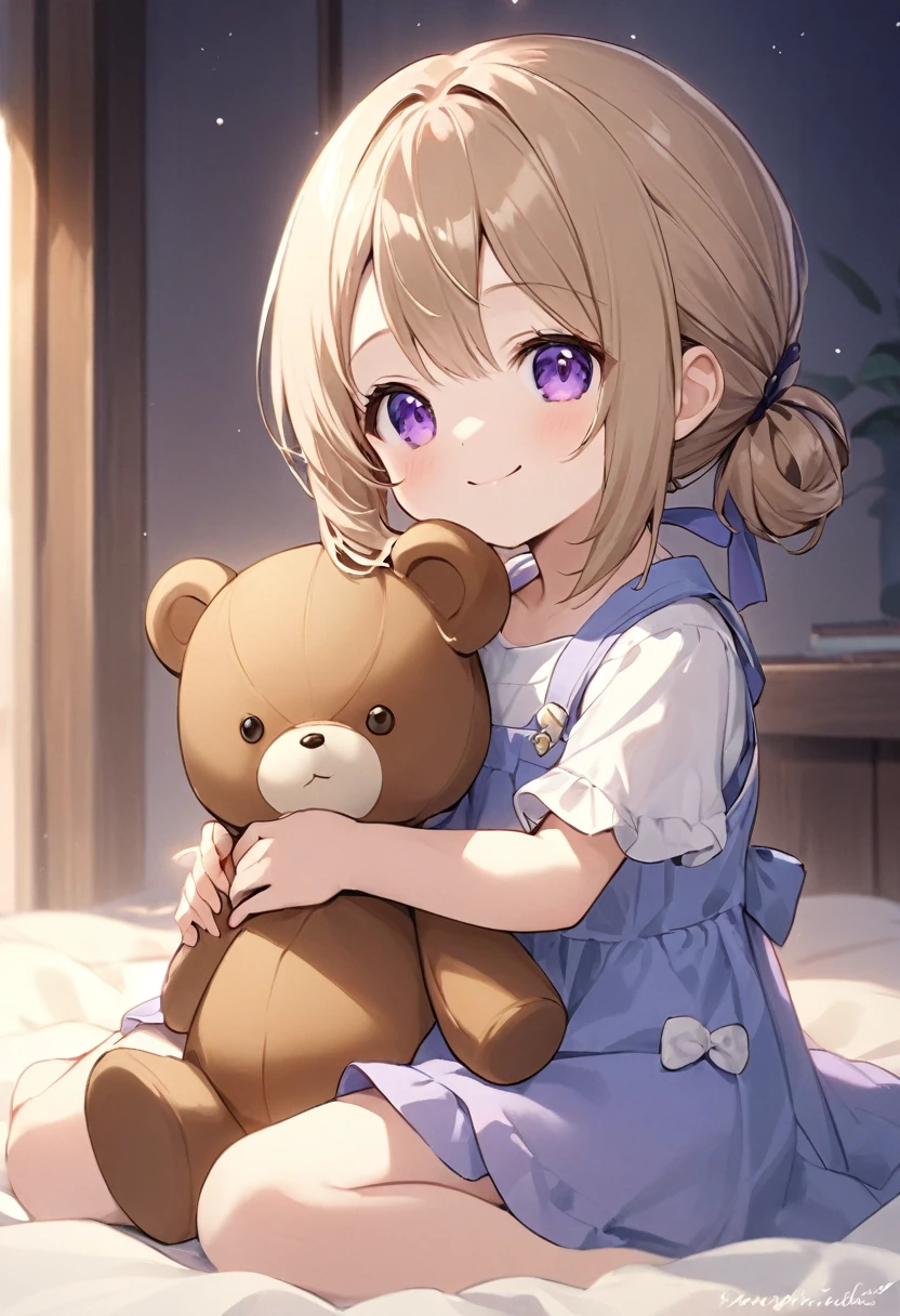 。3 years old。Light brown hair。Purple Eyes。Hair tied loosely。smile。Gentle atmosphere。He has a small teddy bear、