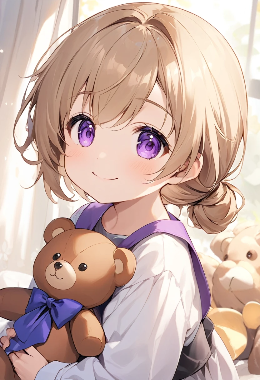 。3 years old。Light brown hair。Purple Eyes。Hair tied loosely。smile。Gentle atmosphere。He has a small teddy bear、