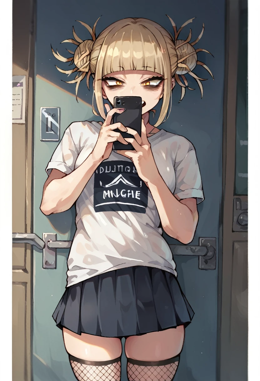 Himiko toga taking a selfie in a black tight t-shirt, fishnet stockings and skirt (whole body) (without cell phone in hand) 