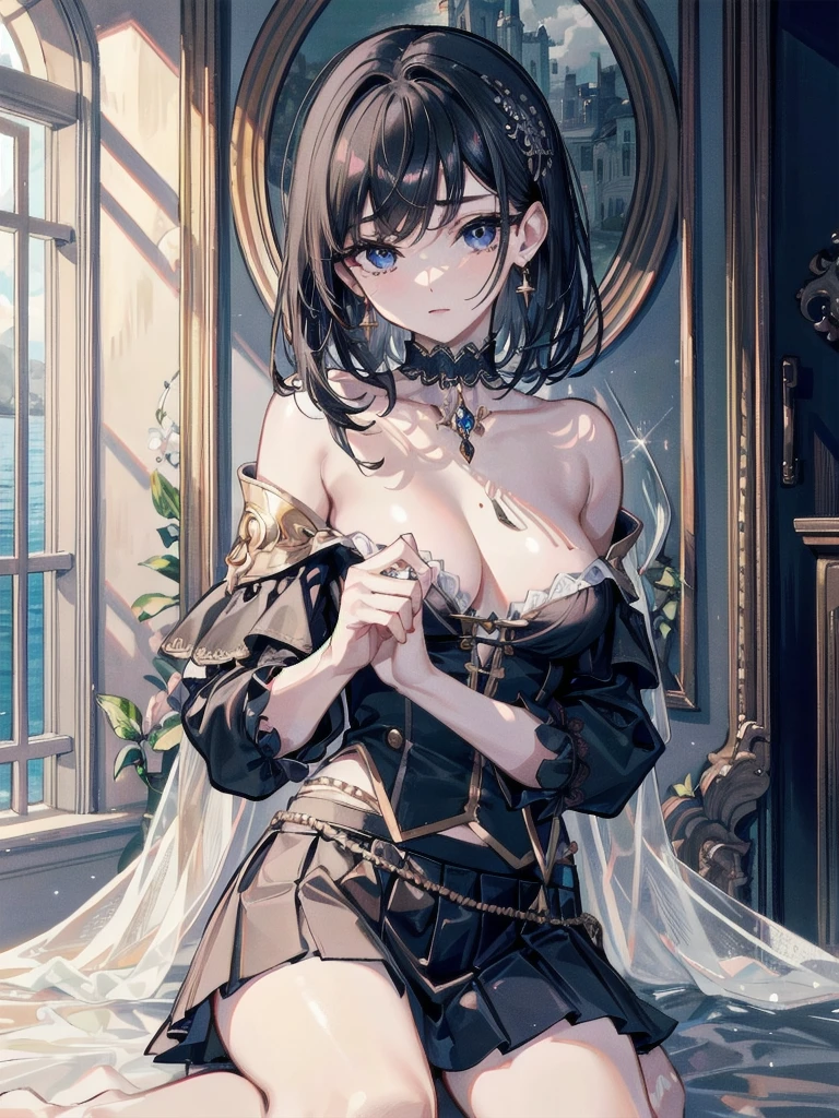 absurdres, RAW photo, extremely delicate and beautiful, masterpiece, Best Quality, ultra high resolution, 32k, hyperrealistic, ultra-detailed, delicate facial features, beautiful detailed woman, tearful mole, earring, medium , full body shot, medium hair, black hair, Legendary Pirate, blouse, short skirt, off shoulder, Eroded Coastline,