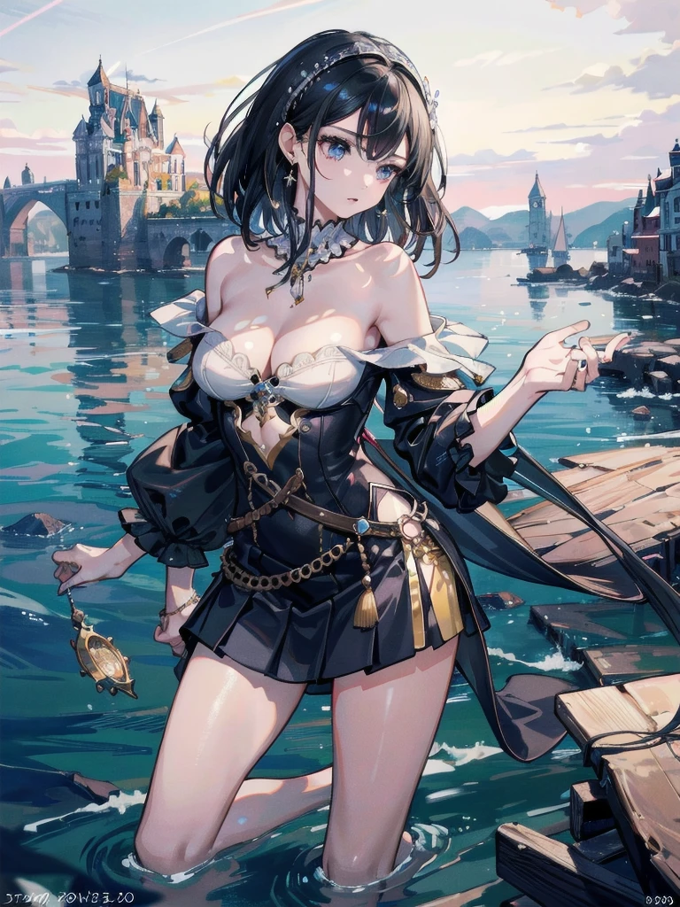 absurdres, RAW photo, extremely delicate and beautiful, masterpiece, Best Quality, ultra high resolution, 32k, hyperrealistic, ultra-detailed, delicate facial features, beautiful detailed woman, tearful mole, earring, medium breasts, full body shot, medium hair, black hair, Legendary Pirate, blouse, short skirt, off shoulder, Eroded Coastline,
