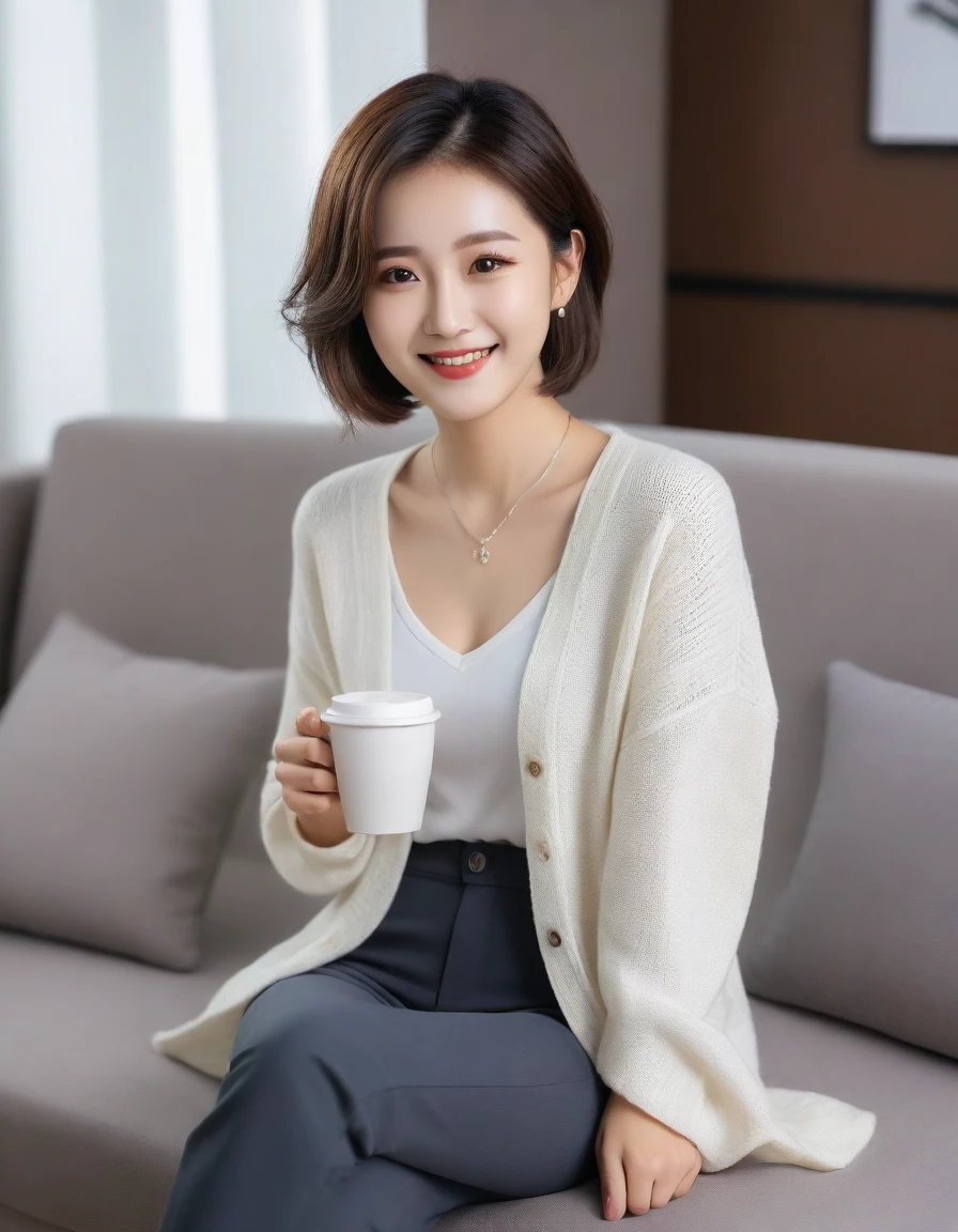 Beautiful Korean Woman , 32 inch chest size, Your eyes are big and pretty. Wearing a cardigan with a blouse, casual pants, short medium hair, Smile. necklace, sit on the sofa and drink coffee, porcelain coffee cup, uhd