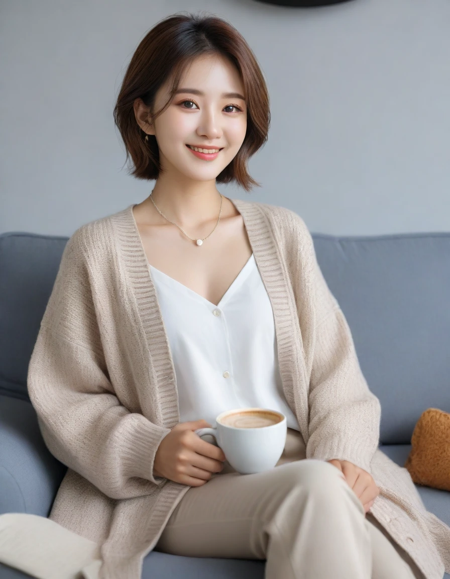 Beautiful Korean Woman , 32 inch chest size, Your eyes are big and pretty. Wearing a cardigan with a blouse, casual pants, short medium hair, Smile. necklace, sit on the sofa and drink coffee, porcelain coffee cup, uhd
