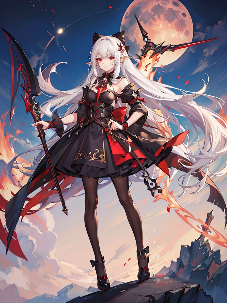 1 Girl, Elf, black dress, red stockings, red eyes, white hair with bow, with a huge scythe, against the backdrop of the red moon, night, looking at viewer, 8k, masterpiece, high res, ultrasharp,