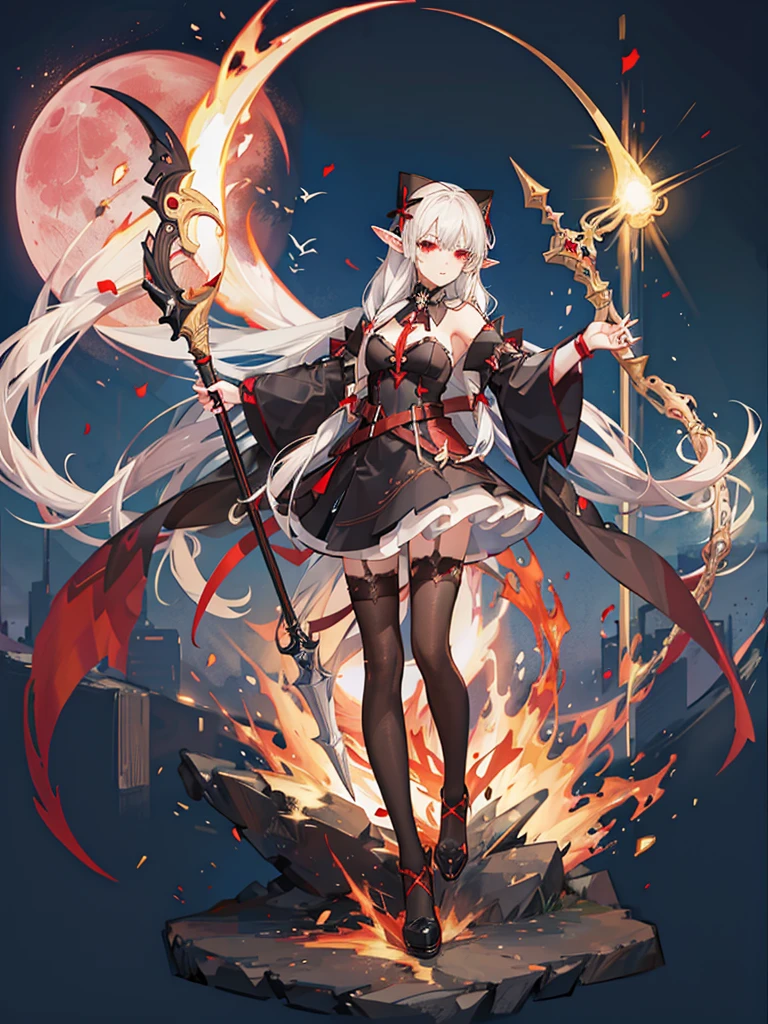 1 Girl, Elf, black dress, red stockings, red eyes, white hair with bow, with a huge scythe, against the backdrop of the red moon, night, looking at viewer, 8k, masterpiece, high res, ultrasharp,