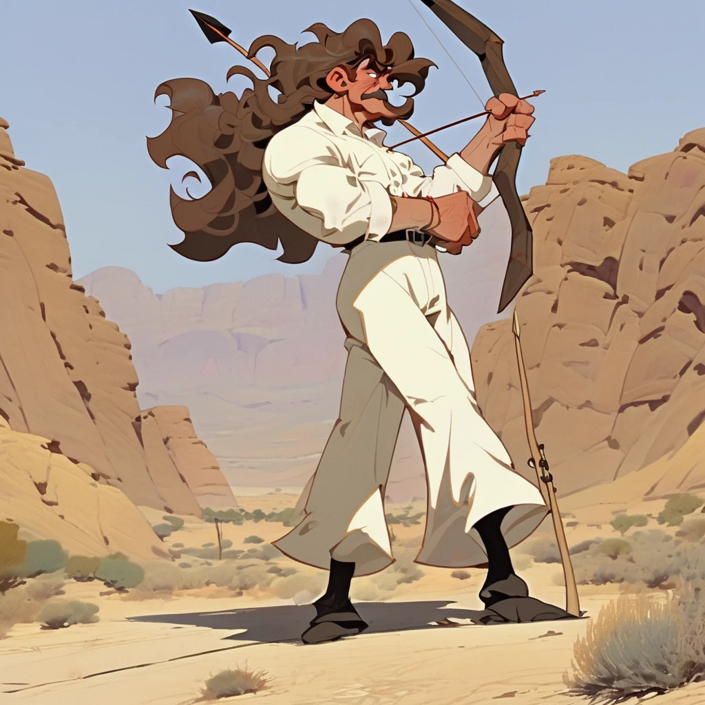 1man, Western, Brown wavy hair, big hair, strong Body, white dress shirt with, black suspender, faded black pants patched, Beret, thin big mustache, Arrogant, young adult, Muscular, full body, Holding a bow and arrow, Farm in the desert, Stable 