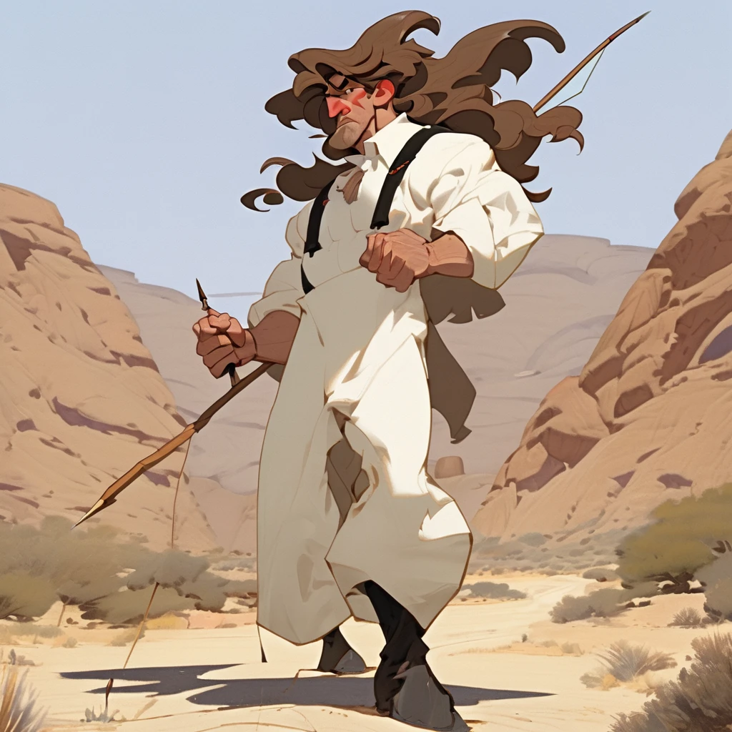 1man, Western, Brown wavy hair, big hair, strong Body, white dress shirt with, black suspender, faded black pants patched, Beret, thin big mustache, Arrogant, young adult, Muscular, full body, Holding a bow and arrow, Farm in the desert, Stable