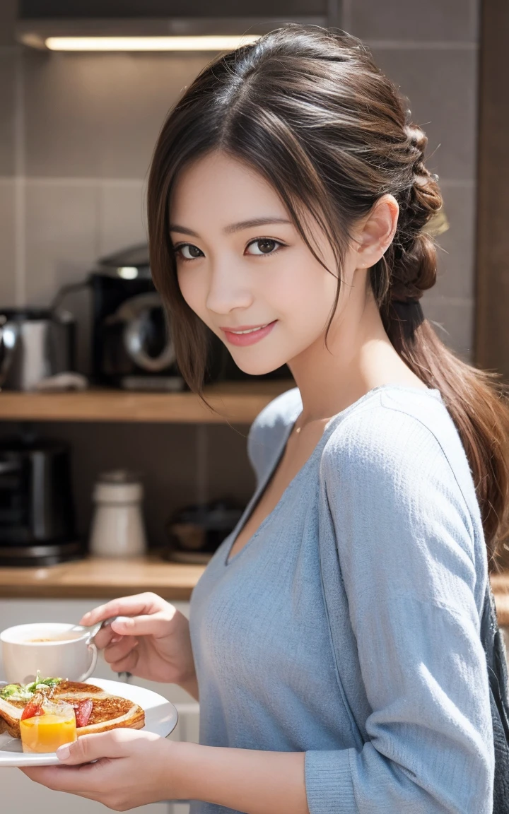 Very detailed CG Unity 8k 壁紙, Highest quality, Very detailed, masterpiece, Realistic, Realistic写真, Very detailed美しい女の子, Age 25 , (office lady), smile , Round eyes, Small breasts , Viewers watch, Half Body Shot , kitchen , breakfast , Trendy hairstyles 最高のbreakfast Summer Casual Fashion