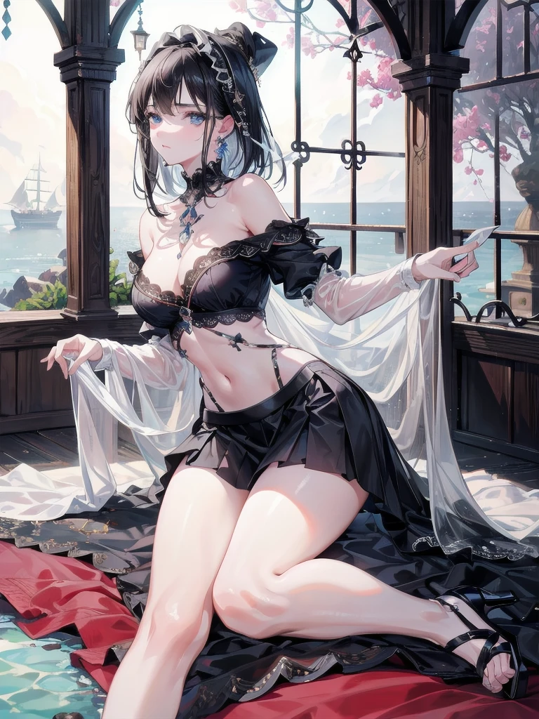 absurdres, RAW photo, extremely delicate and beautiful, masterpiece, Best Quality, ultra high resolution, 32k, hyperrealistic, ultra-detailed, delicate facial features, beautiful detailed woman, tearful mole, earring, medium breasts, full body shot, medium hair, black hair, Legendary Pirate, blouse, short skirt, off shoulder, Eroded Coastline,