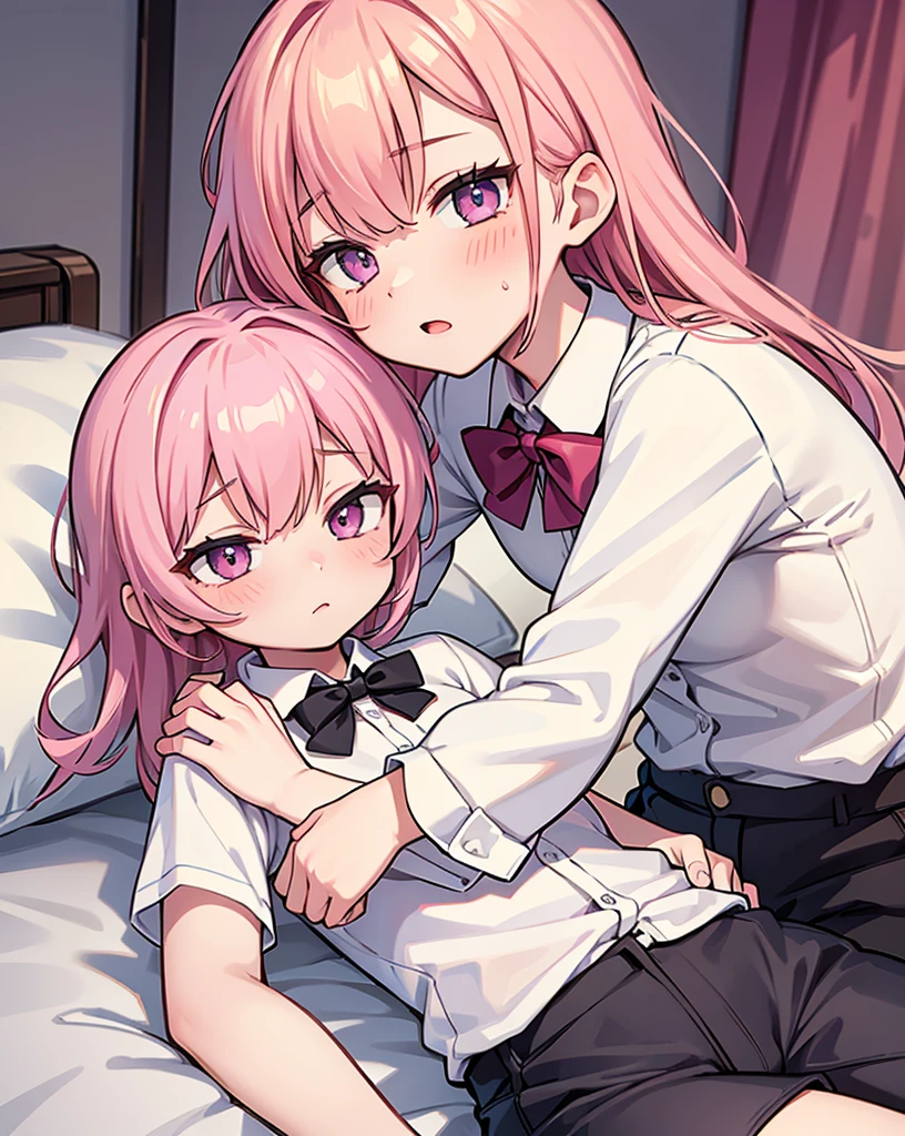 masterpiece, Highest quality, so beautiful, absurdists,High resolution,One girl, One boy,Cuddling in bed, like,sexly,Look at each one, blush,Age difference,bow tie,blondes,chest,Long Hair,Pink Hair,Tucked in shirt,Tent shirt,Slut,Big breasted sister and brother,Siblings,Trousers with bulging crotch,Pushing her big tits against her brother,My brother&#39;s penis erect in his trousers,My brother&#39;s small erect penis