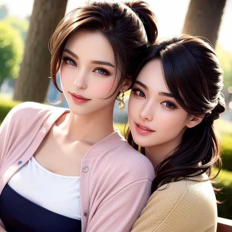 beautiful young woman, two girls, short hair, ponytail, medium long hair, twins, casual outfit, t-shirt, jacket, outdoor date setting, lover, sisters, detailed face, alluring eyes, full lips, large bust, soft lighting, warm colors, photorealistic, 8k, cinematic, beautiful detailed eyes, beautiful detailed lips, extremely detailed face and eyes, long eyelashes, intricate clothing textures, elegant posing, warm smile, romantic atmosphere