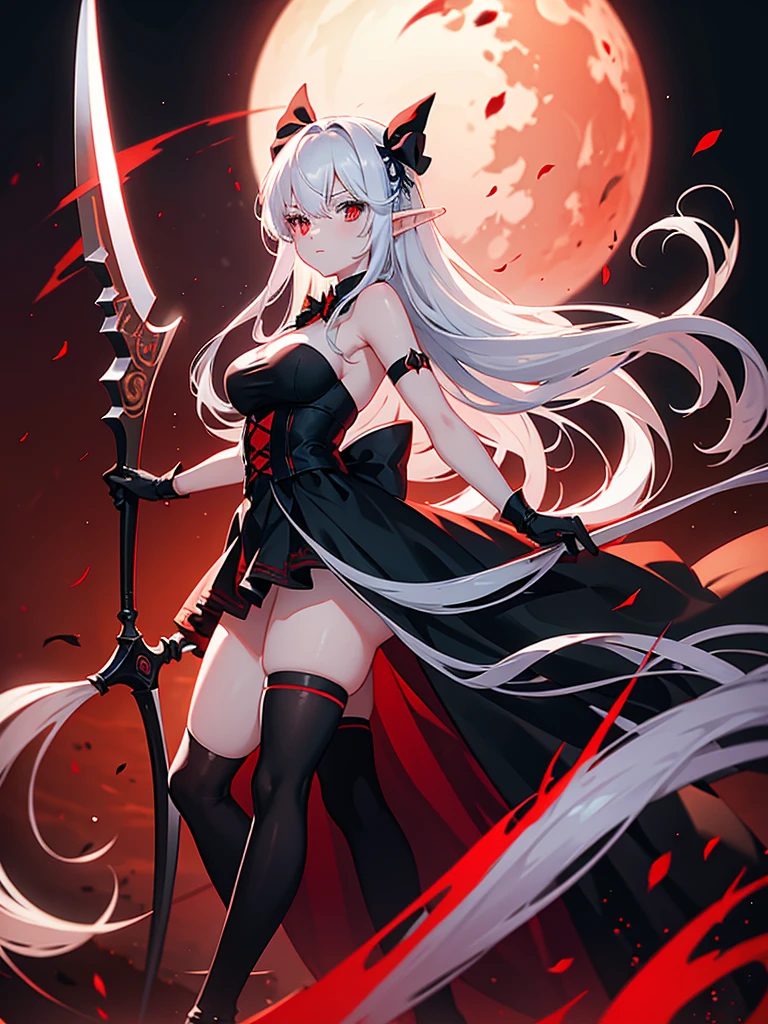 1 Girl, Elf, black dress, red stockings, red eyes, white hair with bow, with a huge scythe, against the backdrop of the red moon, night, looking at viewer, 8k, masterpiece, high res, ultrasharp,