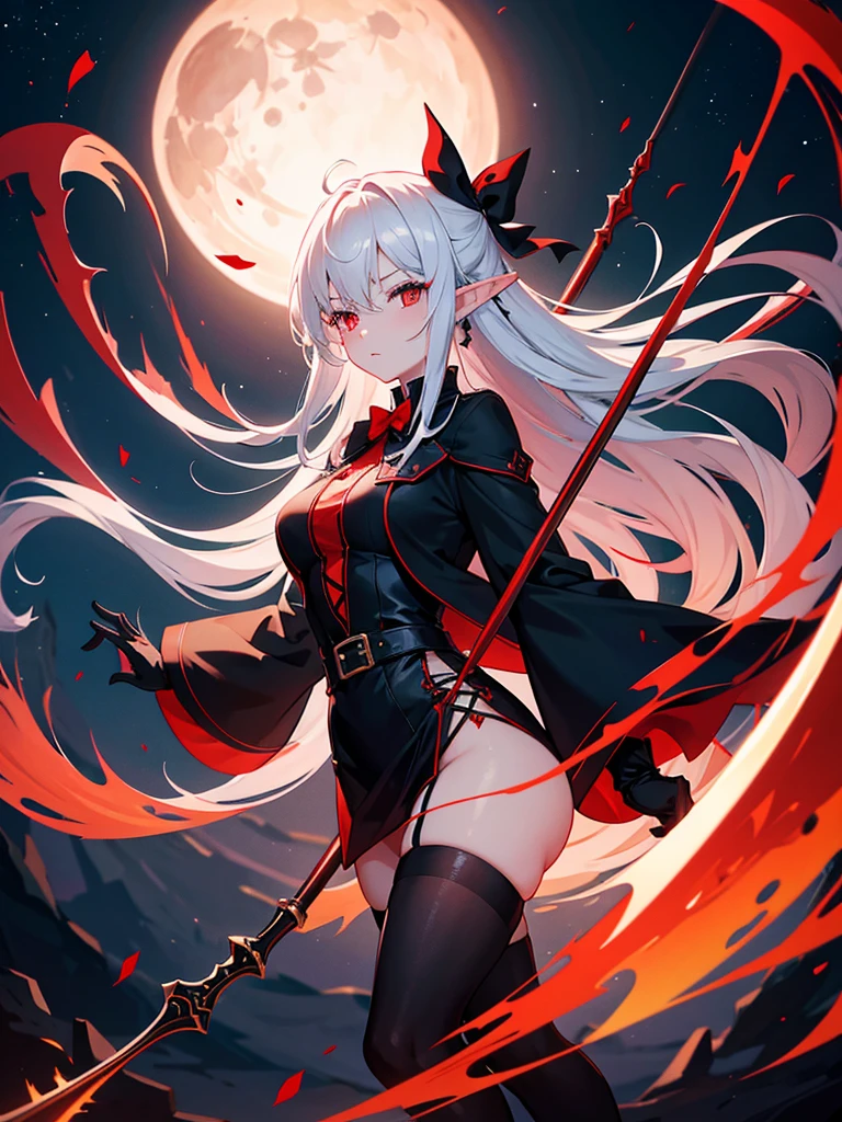 1 Girl, Elf, black dress, red stockings, red eyes, white hair with bow, with a huge scythe, against the backdrop of the red moon, night, looking at viewer, 8k, masterpiece, high res, ultrasharp,