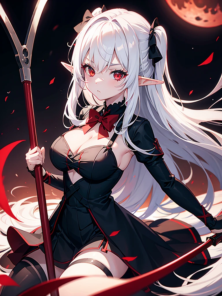1 Girl, Elf, black dress, red stockings, red eyes, white hair with bow, with a huge scythe, against the backdrop of the red moon, night, looking at viewer, 8k, masterpiece, high res, ultrasharp,