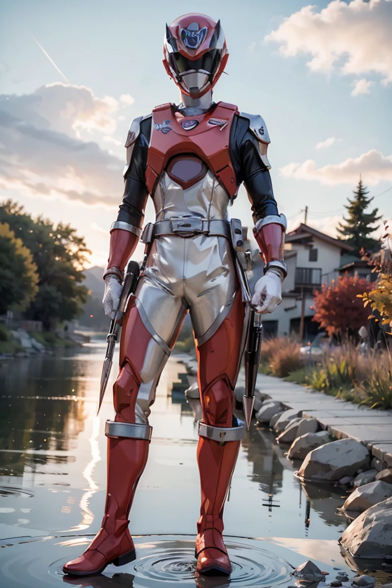 The sunset flies with the lonely geese in the distance, and the autumn river water and the vast sky are connected, icons,1boy, full body, Illustration, cinematic light, high resolution, best quality, ultra detailed, masterpiece, power suit, powerranger, suit, spd, (silver ranger suit), gold detail