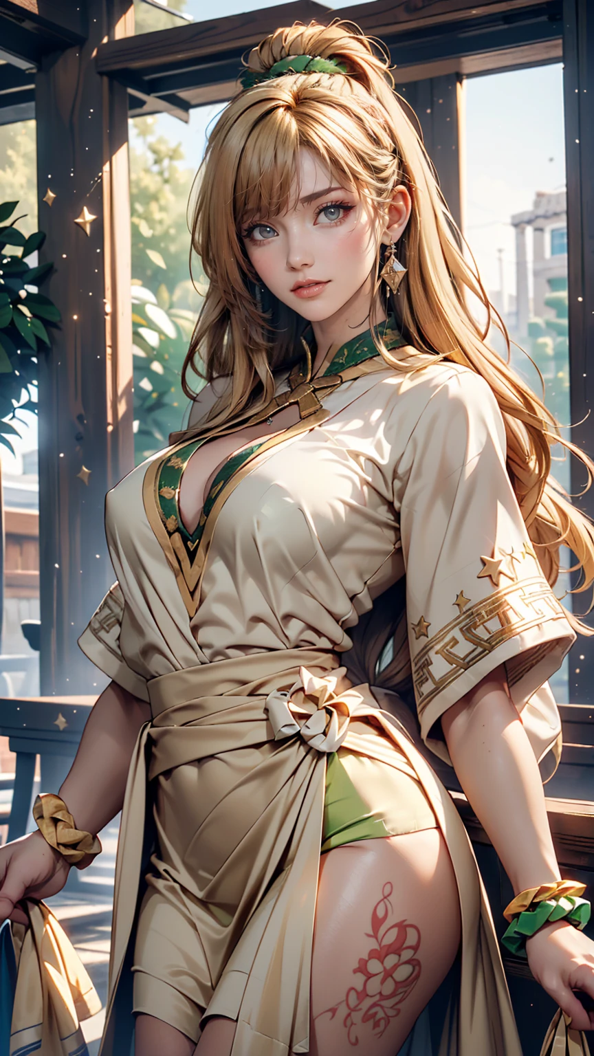 (((Absurd))), (((Highest quality))), Portraiture, Digital Art, (Trending on Art Station), ((One girl)), ((Eyes glowing green)), Star-shaped eyes, beautiful, (Beige blonde long hair), (((Greek clothing))):0.9、Sexy proportions、Sexy、Narrow waist、Scrunchies on the wrist、