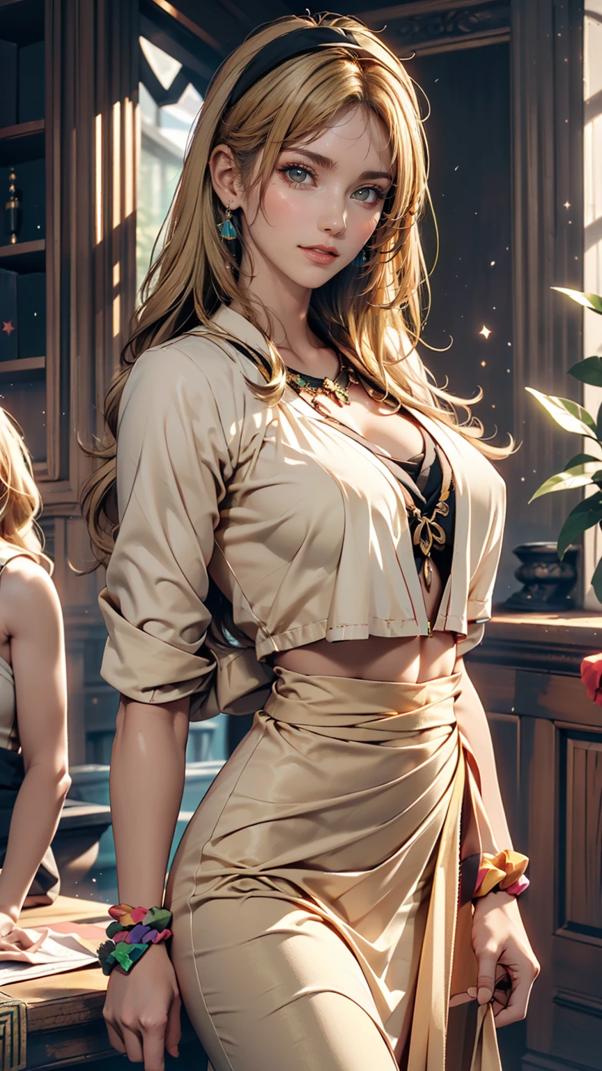 (((Absurd))), (((Highest quality))), Portraiture, Digital Art, (Trending on Art Station), ((One girl)), ((Eyes glowing green)), Star-shaped eyes, beautiful, (Beige blonde long hair), (((Greek clothing))):0.9、Sexy proportions、Sexy、Narrow waist、Scrunchies on the wrist、