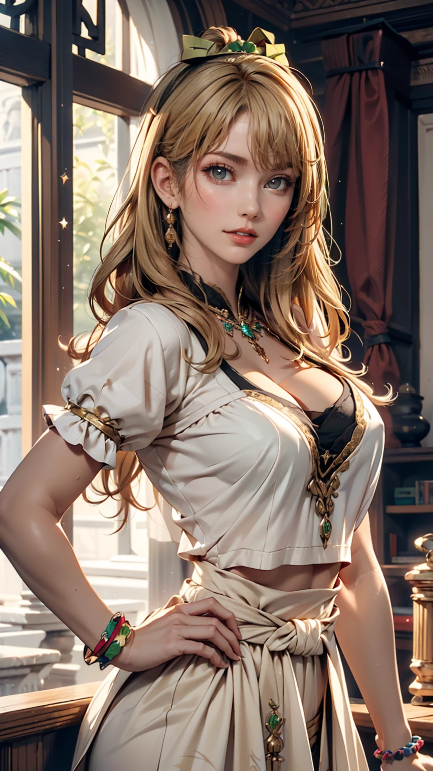 (((Absurd))), (((Highest quality))), Portraiture, Digital Art, (Trending on Art Station), ((One girl)), ((Eyes glowing green)), Star-shaped eyes, beautiful, (Beige blonde long hair), (((Greek clothing))):0.9、Sexy proportions、Sexy、Narrow waist、Scrunchies on the wrist、