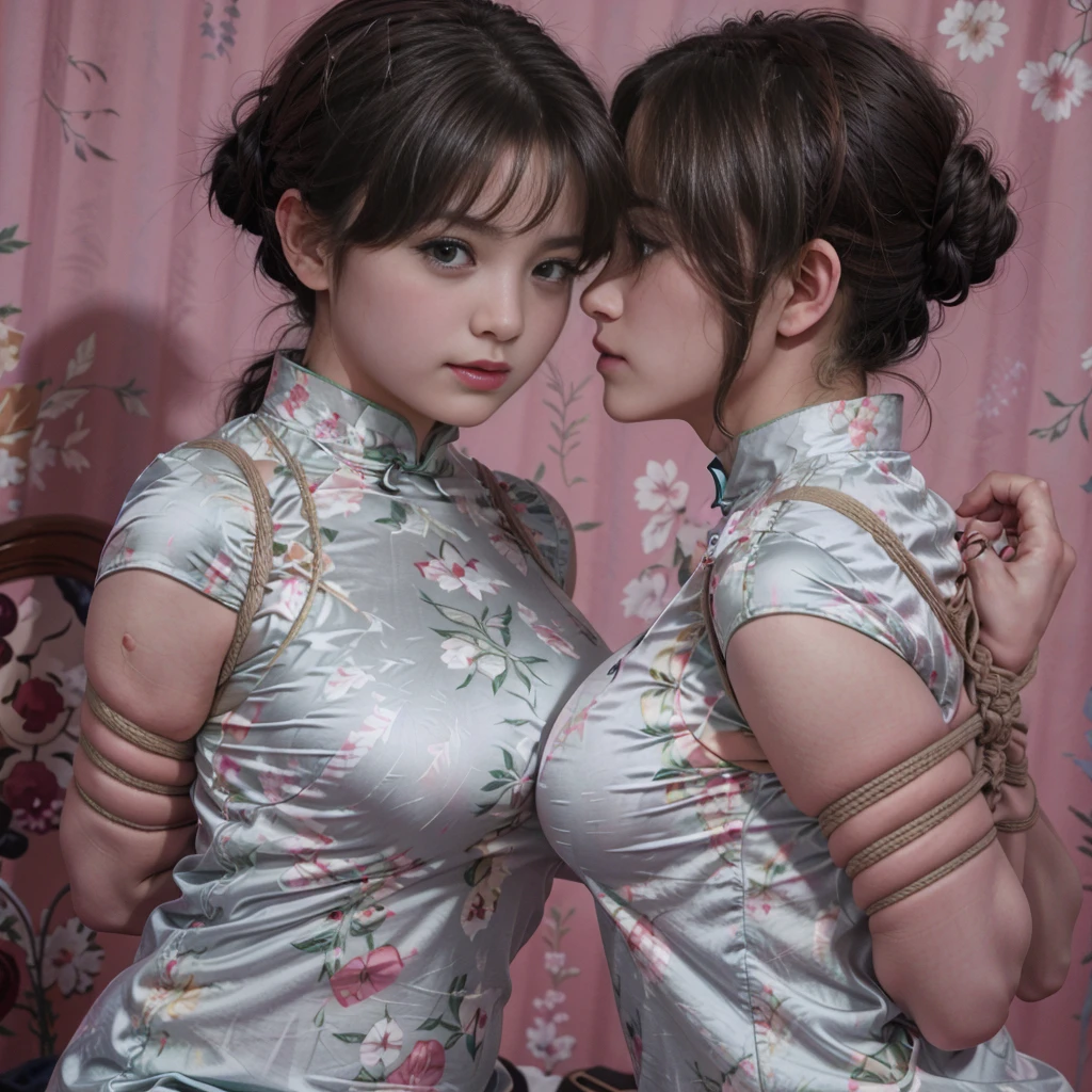 bedroom,big bed,There are paintings on the walls,curtain,Standing,2 girls,((face to face)),Kiss each other,((Their chests were squeezed together and deformed)),bun,Shy smile,((The hemp rope is wrapped around the neck and tightened)),Short cheongsam,((huge boobs:1.5)),arms were tied behind the back with hemp rope,Cross hands behind back,Wrists tied together with hemp rope,Thin waist,
