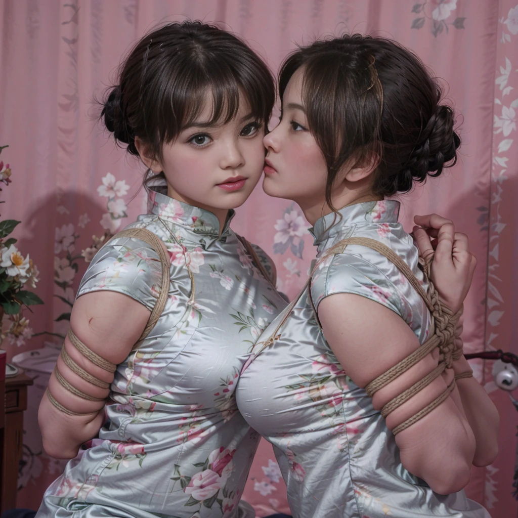 bedroom,big bed,There are paintings on the walls,curtain,Standing,2 girls,((face to face)),Kiss each other,((Their chests were squeezed together and deformed)),bun,Shy smile,((The hemp rope is wrapped around the neck and tightened)),Short cheongsam,((huge boobs:1.5)),arms were tied behind the back with hemp rope,Cross hands behind back,Wrists tied together with hemp rope,Thin waist,