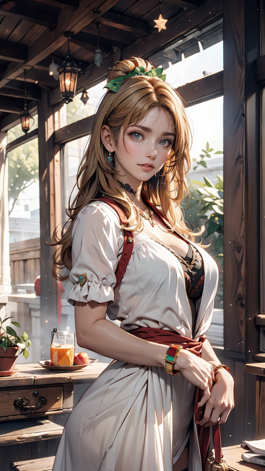 (((Absurd))), (((Highest quality))), Portraiture, Digital Art, (Trending on Art Station), ((One girl)), ((Eyes glowing green)), Star-shaped eyes, beautiful, (Beige blonde long hair), (((Greek clothing))):0.9、Sexy proportions、Sexy、Narrow waist、Scrunchies on the wrist