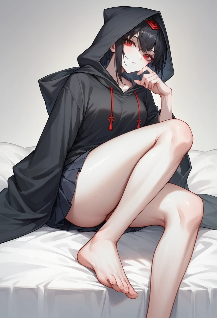 A girl with long black hair is sitting on the bed　Wearing a hood　He wears a black hoodie underneath his beautiful black ninja kimono.　Red eyes　She is wearing a black pleated skirt　White skin　tall　With bangs　Beautiful face　Thin legs　Smooth, long, straight hair　Long and narrow face　With waistline　Keeping your left hand in your pocket　Anime Style