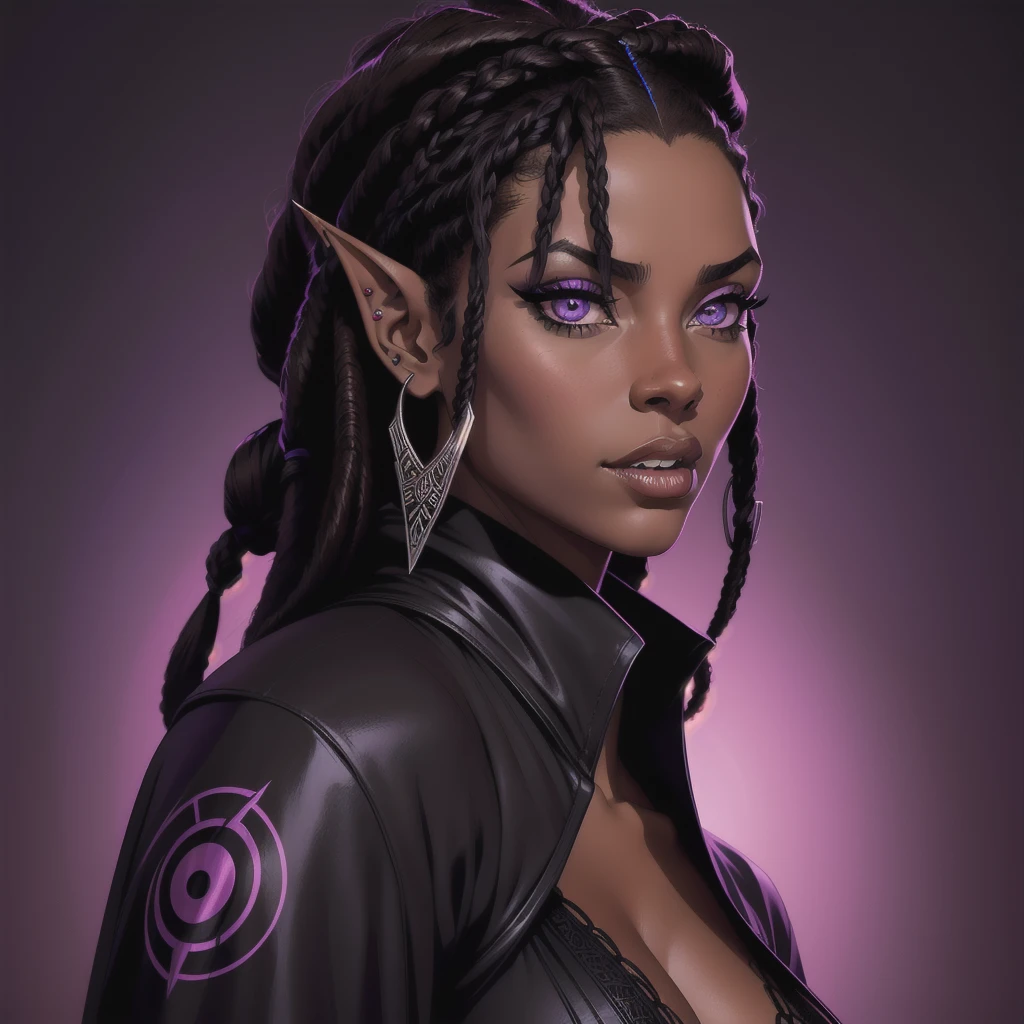 (Portrait) of an (African­ American) female, with dark (black dreadlocks), purple eyes, dark (brown skin), (pointed ears), (slutty assassin), sexy black robe, (lust) demon, (medium shot), perfect composition, hyper-detailed, 8K, high quality, (perfect eyes), trending art, sharp focus, studio photo, intricate details, (Pin-up) pose