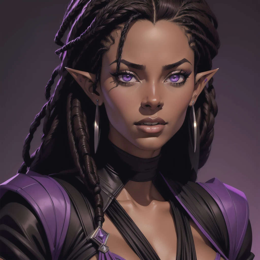 (Portrait) of an (African American) female, with dark (black dreadlocks), purple eyes, dark (brown skin), (pointed ears), (slutty assassin), sexy black robe, (lust) demon, (medium shot), perfect composition, hyper-detailed, 8K, high quality, (perfect eyes), trending art, sharp focus, studio photo, intricate details, (Pin-up) pose