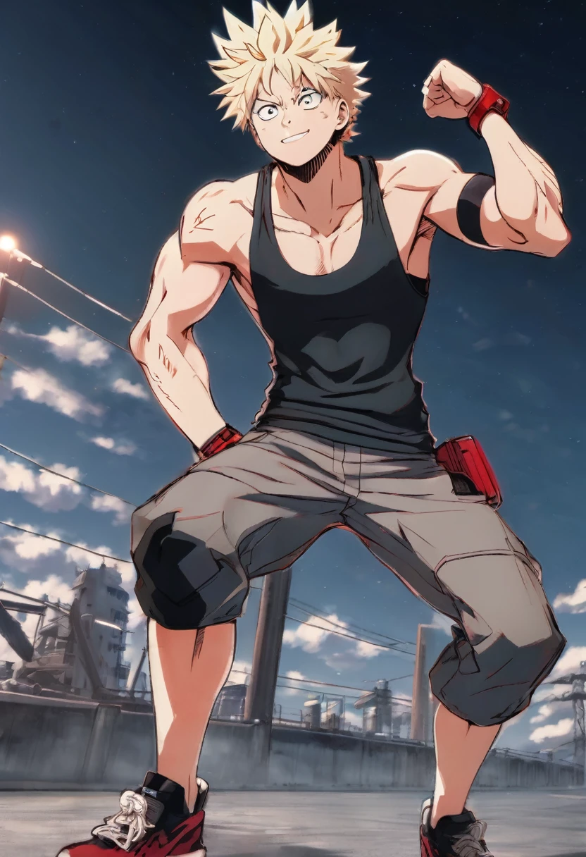 Katsuki Bakugou, blondie hair, Eyes red, toned and muscular body, wearing a tight gray tank top, tall stature, muscular chest, muscular arms, flexing the right arm