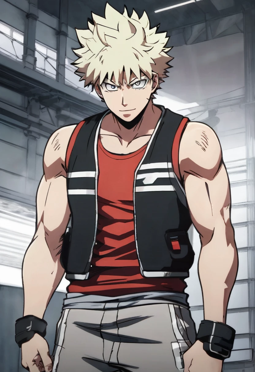 Katsuki Bakugou, blondie hair, Eyes red, toned and muscular body, wearing a tight gray tank top, tall stature, muscular chest, muscular arms, flexing the right arm