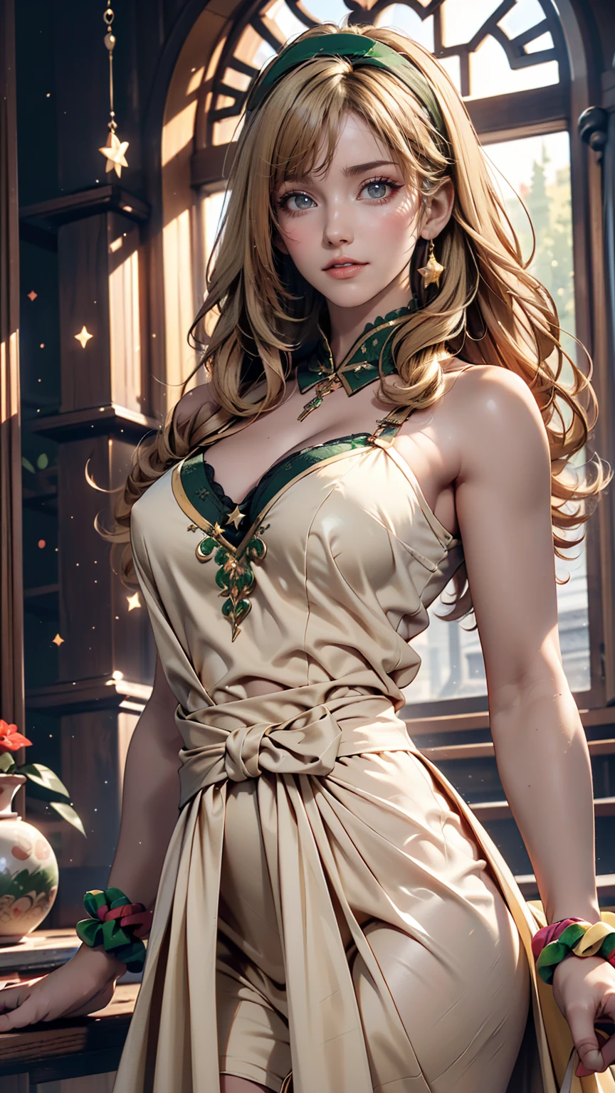(((Absurd))), (((Highest quality))), Portraiture, Digital Art, (Trending on Art Station), ((One girl)), ((Eyes glowing green)), Star-shaped eyes, beautiful, (Beige blonde long hair), (((Greek clothing))):0.9、Sexy proportions、Sexy、Narrow waist、Scrunchies on the wrist