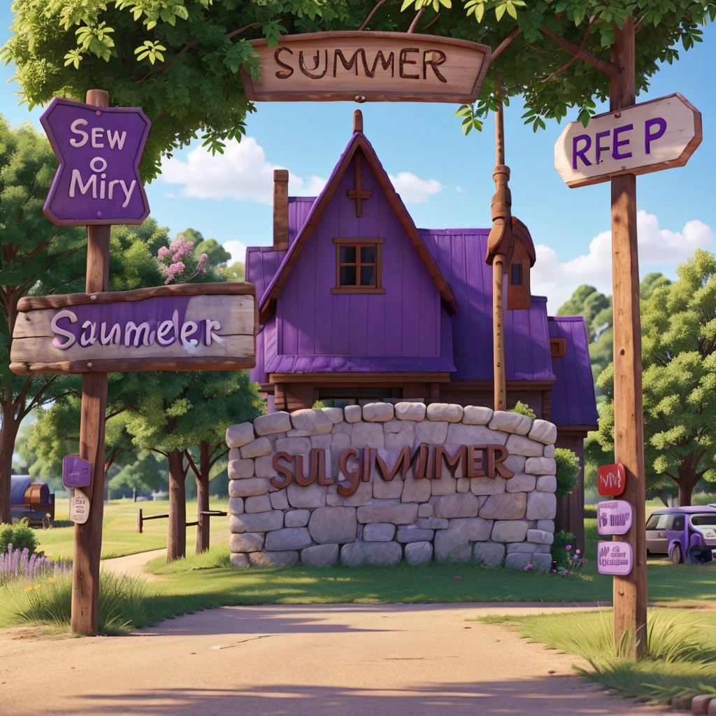 Summer camp sign for children on the roadside purple color