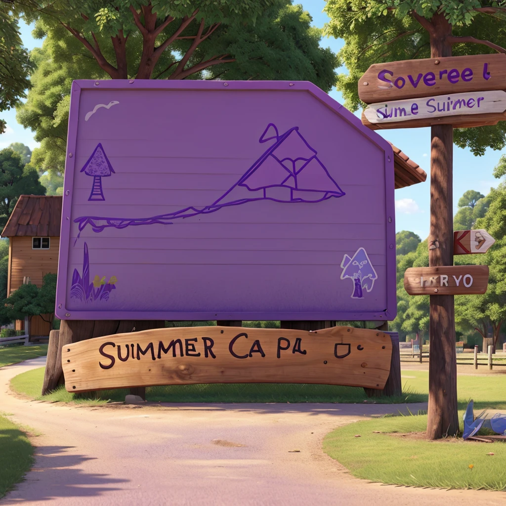 Summer camp sign for children on the roadside purple color