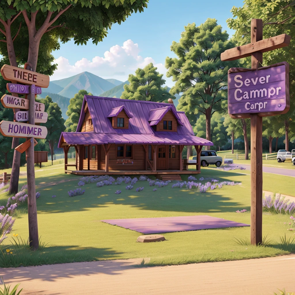 Summer camp sign for children on the roadside purple color