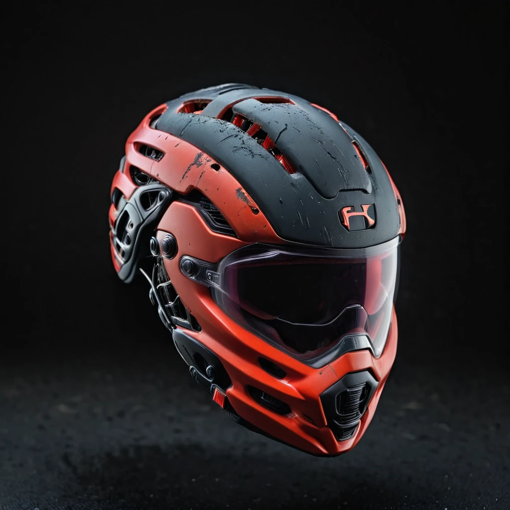 The photo focuses on the cool and refreshing cycling helmet, ,Cyberpunk, black background, Red Theme  , gravel, (rust:0.65), crack, Surface cracking, Subtle confusion, Dust and peeling paint, Stain, Shatter,  professional, 4K, Very detailed