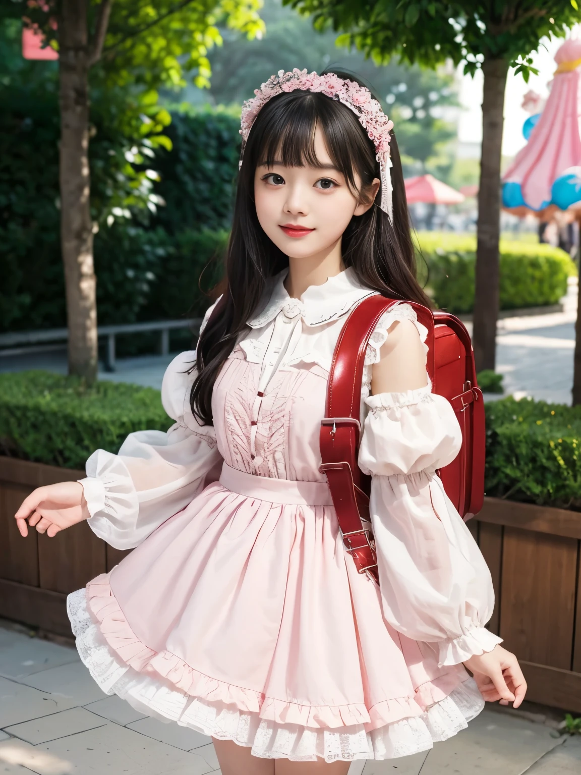 best quality, masterpiece, lifelike, 1 girl, alone, eternal, black hair, long curly hair, blunt bangs, Smile, pink skirt, pink dress, layered skirt, Lolita long skirt,Layered DressLace-trimmed Skirt, decorate, lace, long sleeve, puff sleevesde sleeves, Transparent sleeves, hair accessories, In the flower garden, flower, Detailed background, delicate face,pink blush,white,knee socks, Pink shoes,tutu,Lots of lace,((masterpiece))、(top quality)、8K、high detail、Super detailed、 night、21 year old woman,Wearing pink lolita dress((drtmosphere:1.1))、Seductive and whim style、masterpiece、born、Scenes resembling fairy tale illustrations、Intricate details showcase the ruffles and intricate design of the Lolita dress、Beautifully、mapricious、 Beautifully、dream aesthetics、「𝓡𝓸𝓶𝓪𝓷𝓽𝓲𝓬、ethereal、charming、fickle、magic」、Realism、Visual effeFXAA、SSAO、Shaders、Noiseless、environmental lighting、Tone mapping、high resolution、ultra high definition、Megapixel、(8K resolution:1.10)、8K、8K less、8K resolution、high detail、intricate details、A look of surprise and awe on her face、 (high quality:1.2、masterpiece:1.2、.21)、(21 year old female.21)、(smile excitedly)、(Surrounded by the dreamy atmosphere of an amusement park)、pink lolita dress、Her eyes were full of su and joy、Shooting at many geeks、、High heel、slime、A slender one、wearing randoseru backpack, (backpack.2)