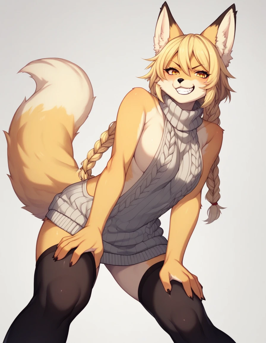 Solo, Score_9, score_8_up, score_7_up, kemono style, Kimiko, An Anthro furry fox girl, yellow furry body, yellow fox tail, , black nose, blonde hair, braided hair, wearing oversized virgin killer sweater, black thigh highs, hands together, toothy grin, grinning, bending over, hands on knees, low angle shot, front view,