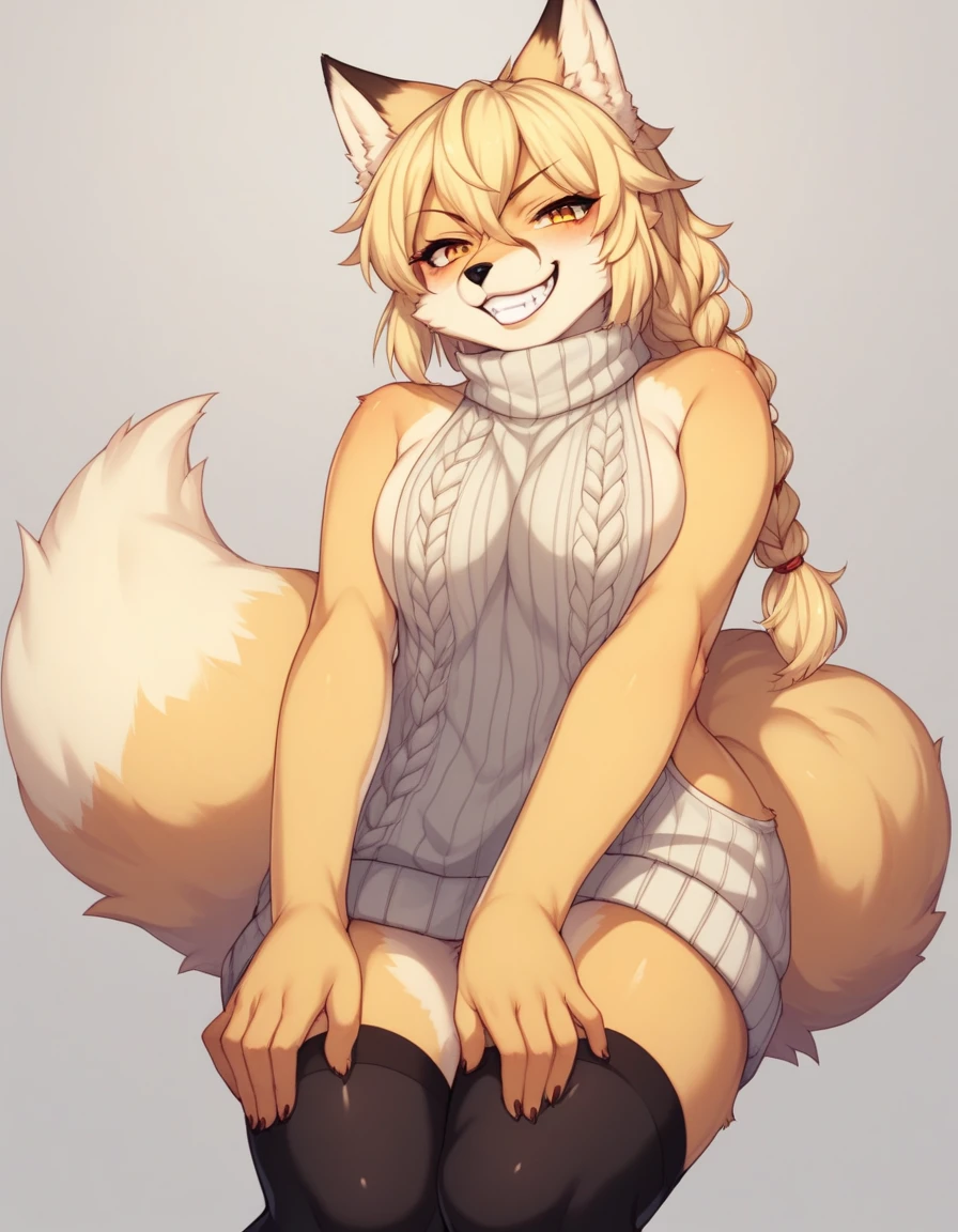 Solo, Score_9, score_8_up, score_7_up, kemono style, Kimiko, An Anthro furry fox girl, yellow furry body, yellow fox tail, , black nose, blonde hair, braided hair, wearing oversized virgin killer sweater, black thigh highs, hands together, toothy grin, grinning, bending over, hands on knees, low angle shot, front view, 