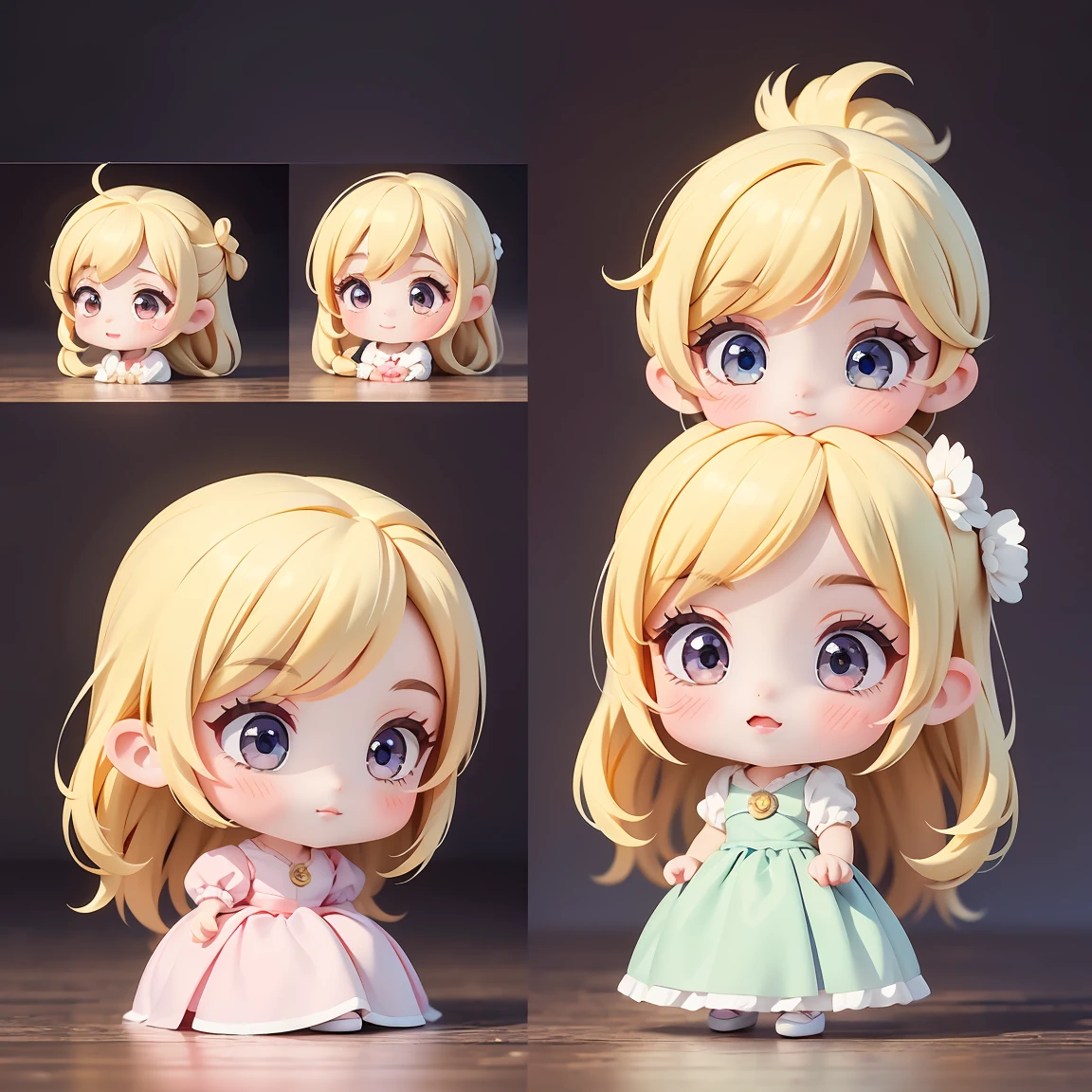 Super Chibi Character:1.8、Wearing cute shoes、background:simple、Blonde Hair、Cute 7 year old girl、Cinderella Dresses、Various expressions:1.8、Various poses:1.8、Looking this way