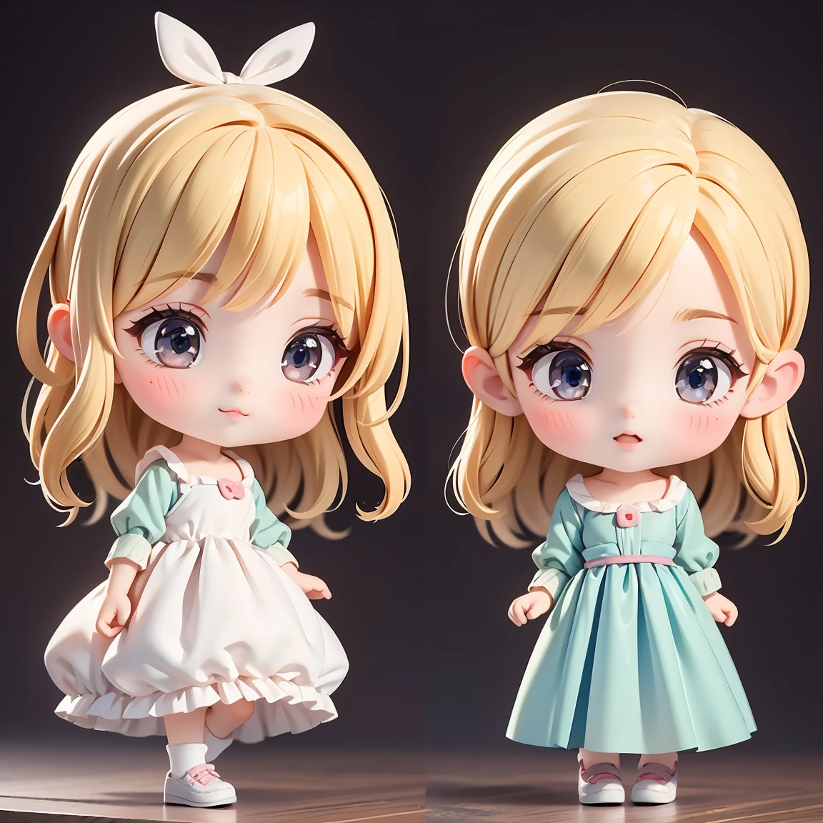 Super Chibi Character:1.8、Wearing cute shoes、background:simple、Blonde Hair、Cute 7 year old girl、Cinderella Dresses、Various expressions:1.8、Various poses:1.8、Looking this way